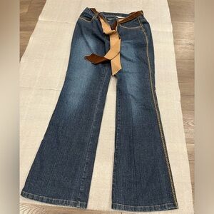 [8]VTG Telluride Women's Blue Jeans with Brown velvet Belt Flare